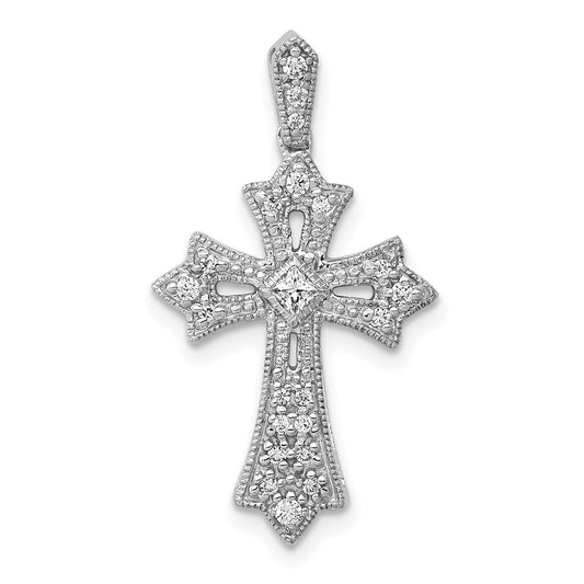 Solid 14k White Gold 1/6ct. Simulated CZ Fleur de Lis Cross Pendant
