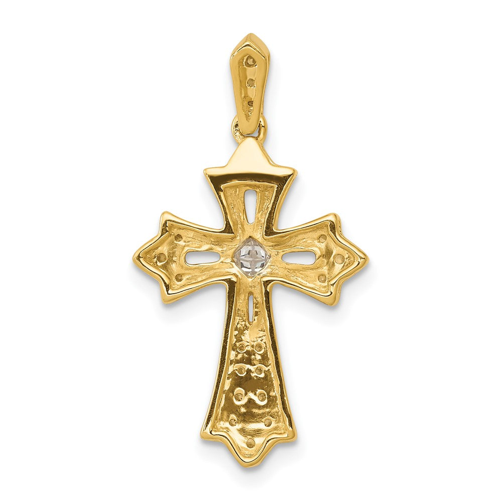 Solid 14k Yellow Gold 1/6ct. Simulated CZ Fleur de Lis Cross Pendant