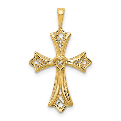 Solid 14k Yellow Gold AA Simulated CZ Cross w/ Heart Center Pendant