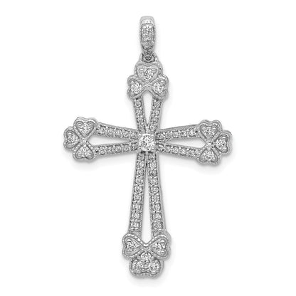 Solid 14k White Gold 3/8ct. Simulated CZ Budded Cross Pendant