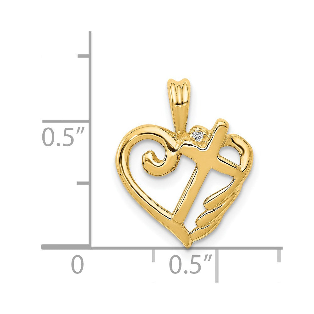 Solid 14k Yellow Gold AA Simulated CZ Heart with Cross Pendant
