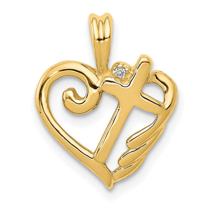 Solid 14k Yellow Gold AA Simulated CZ Heart with Cross Pendant