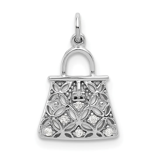 Solid 14k White Gold Simulated CZ Handbag Charm