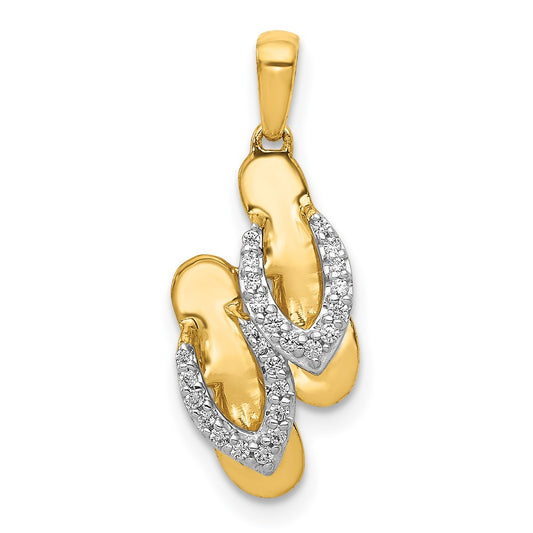 Solid 14k Yellow & Rhodium and Simulated CZ Flip Flops Charm