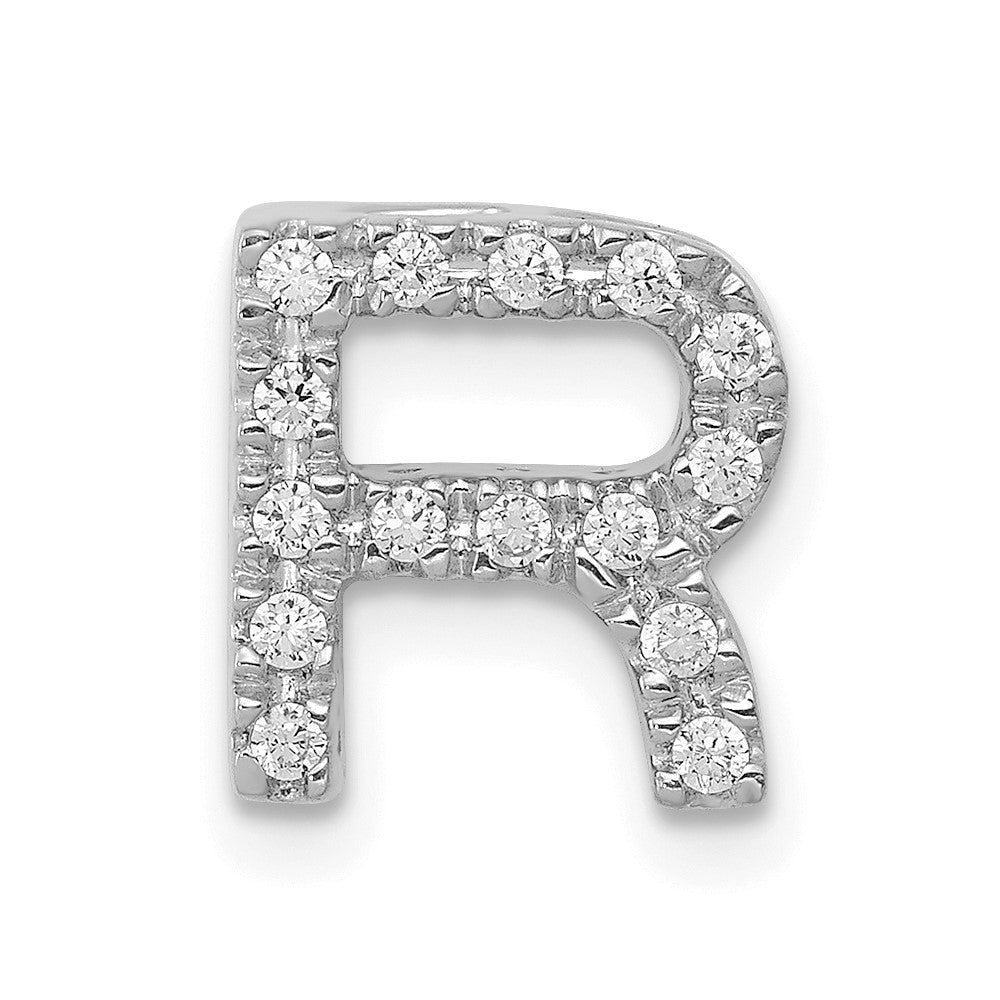 Solid 14k White Gold Simulated CZ Letter R Initial Charm