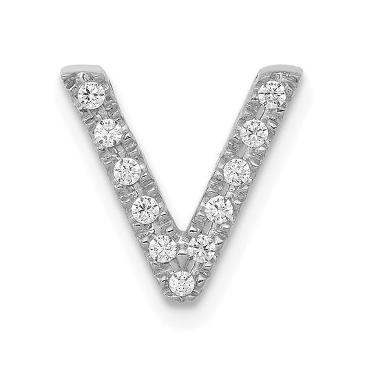 Solid 14k White Gold Simulated CZ Letter V Initial Charm