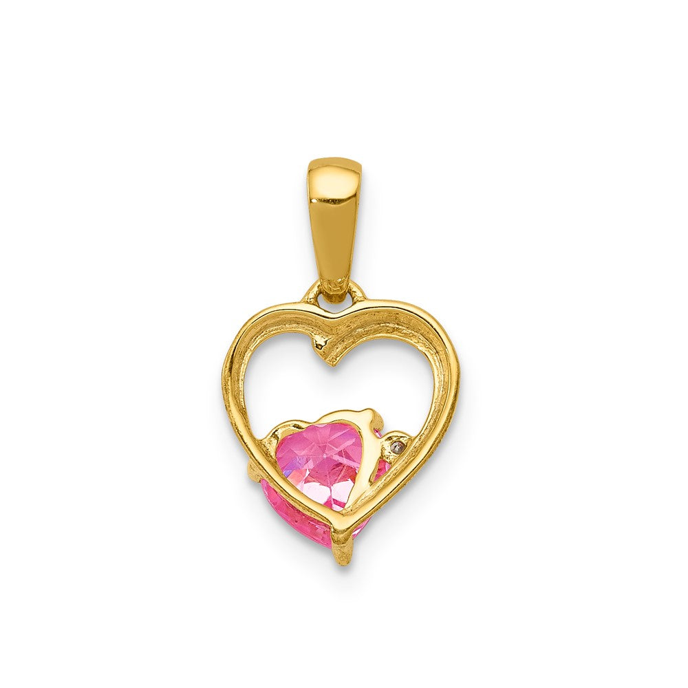 Solid 14k Yellow Gold Created PinK Simulated Sapphire and CZ Heart Pendant