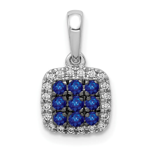 Solid 14k White Gold Simulated CZ and Sapphire Square Halo Pendant