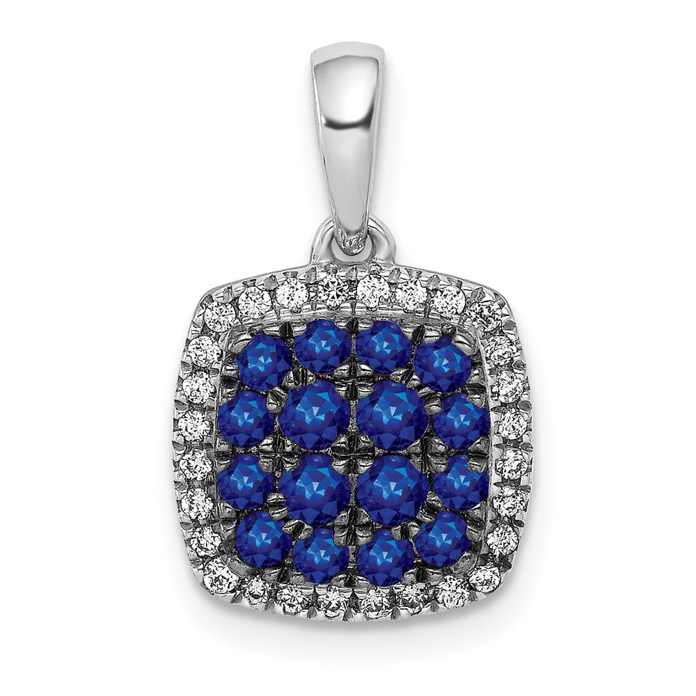 Solid 14k White Gold Simulated CZ and Sapphire Square Halo Pendant