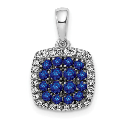 Solid 14k White Gold Simulated CZ and Sapphire Square Halo Pendant