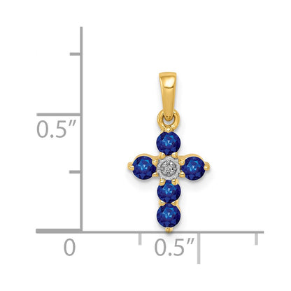 Solid 14k Yellow Gold Simulated Sapphire and CZ Cross Pendant