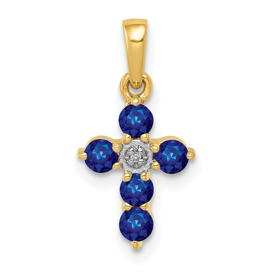 Solid 14k Yellow Gold Simulated Sapphire and CZ Cross Pendant