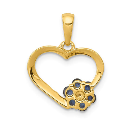 Solid 14k Yellow Gold Simulated CZ and Sapphire Heart w/ Flower Pendant