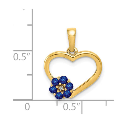 Solid 14k Yellow Gold Simulated CZ and Sapphire Heart w/ Flower Pendant