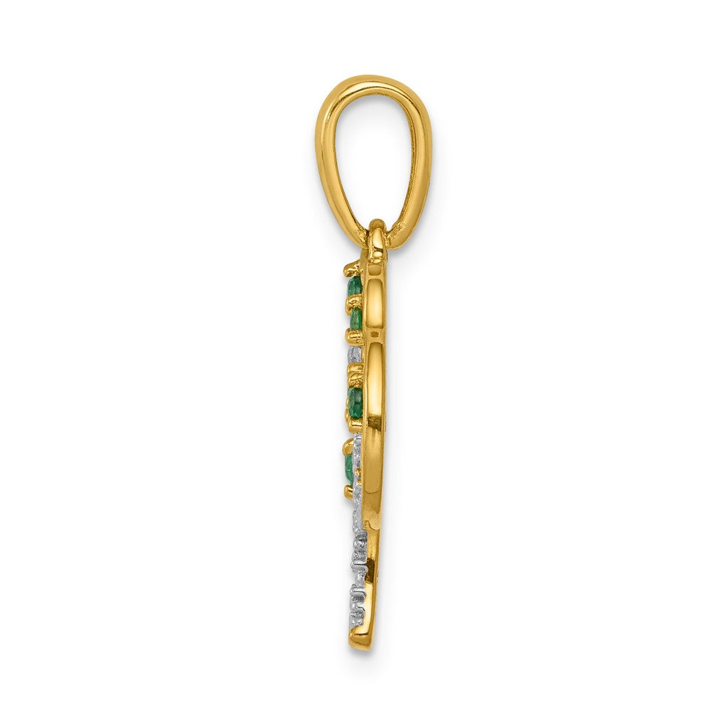 Solid 14k Yellow Gold Created Simulated Emerald and CZ Polished Tree Pendant