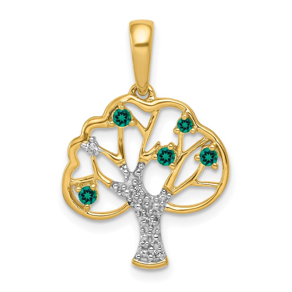 14k yellow gold created emerald and real diamond polished tree pendant pm5294 cem 002 ya