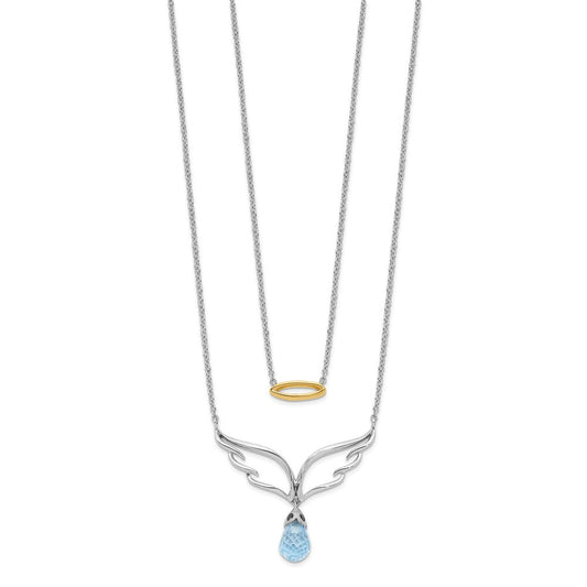 14k two tone gold blue topaz dangle wings w halo dble 18in necklace pm6860 bt wya