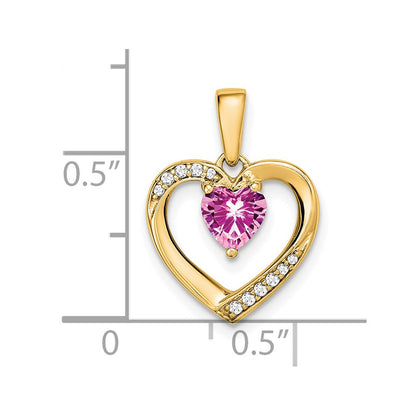 Solid 14k Yellow Gold PinK Simulated Sapphire and CZ Heart Pendant