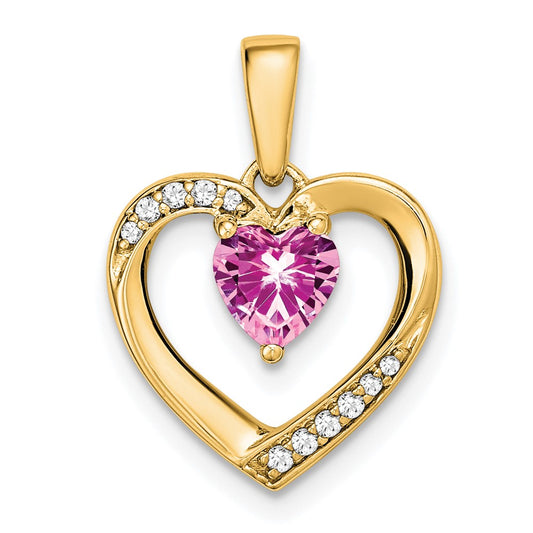 Solid 14k Yellow Gold PinK Simulated Sapphire and CZ Heart Pendant