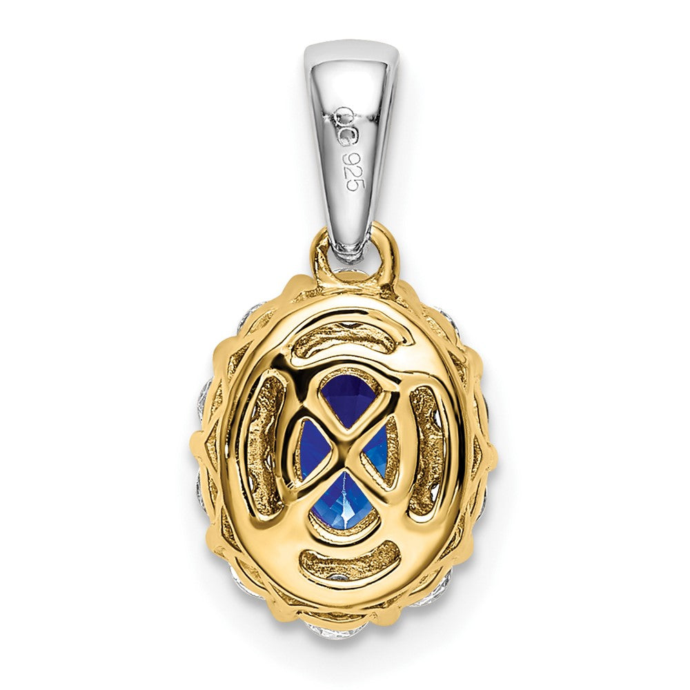 Solid 14k Two-tone Oval Simulated Sapphire and CZ Halo Pendant