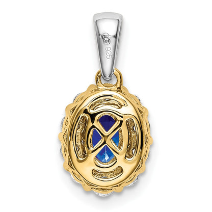 Solid 14k Two-tone Oval Simulated Sapphire and CZ Halo Pendant
