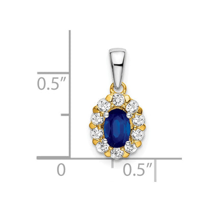 Solid 14k Two-tone Oval Simulated Sapphire and CZ Halo Pendant