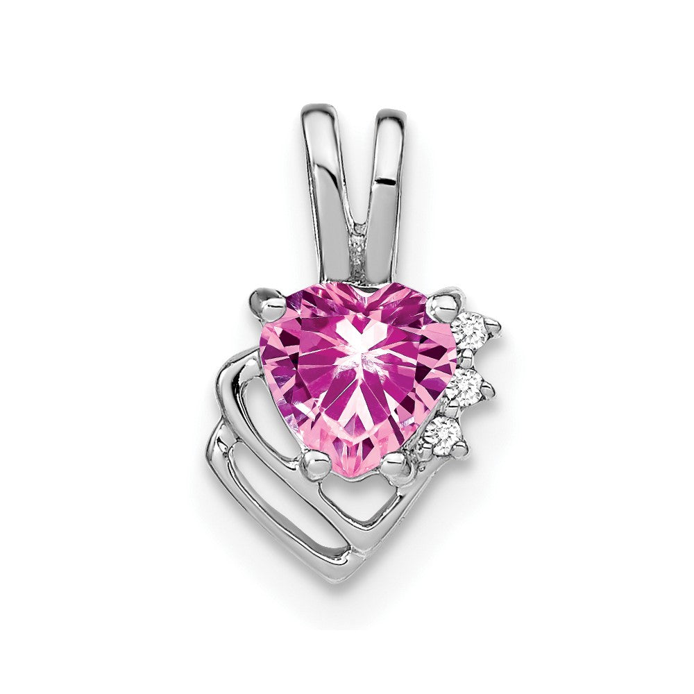 Solid 14k White Gold Created PinK Simulated Sapphire and CZ Pendant