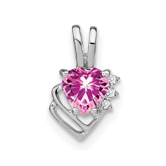 Solid 14k White Gold Created PinK Simulated Sapphire and CZ Pendant
