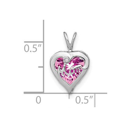 Solid 14k White Gold Creat. PinK Simulated Sapphire Simulated/Simulated CZ MOM Heart Pendant