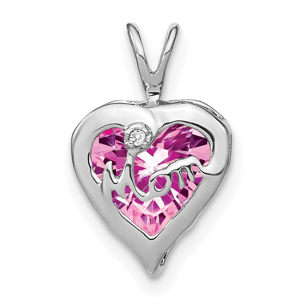 Solid 14k White Gold Creat. PinK Simulated Sapphire Simulated/Simulated CZ MOM Heart Pendant