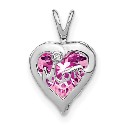 Solid 14k White Gold Creat. PinK Simulated Sapphire Simulated/Simulated CZ MOM Heart Pendant