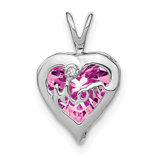 Solid 14k White Gold Creat. PinK Simulated Sapphire Simulated/Simulated CZ MOM Heart Pendant
