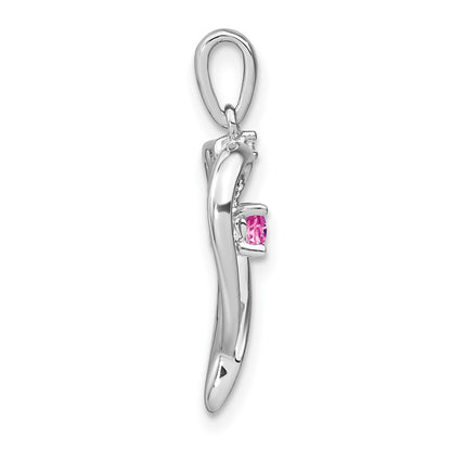 Solid 14k White Gold Created PinK Simulated Sapphire and CZ Heart Pendant