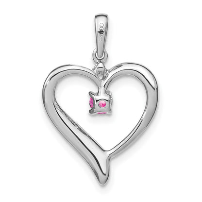 Solid 14k White Gold Created PinK Simulated Sapphire and CZ Heart Pendant