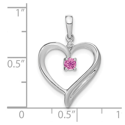 Solid 14k White Gold Created PinK Simulated Sapphire and CZ Heart Pendant