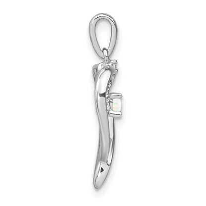 Solid 14k White Gold Created Simulated Opal and CZ Heart Pendant