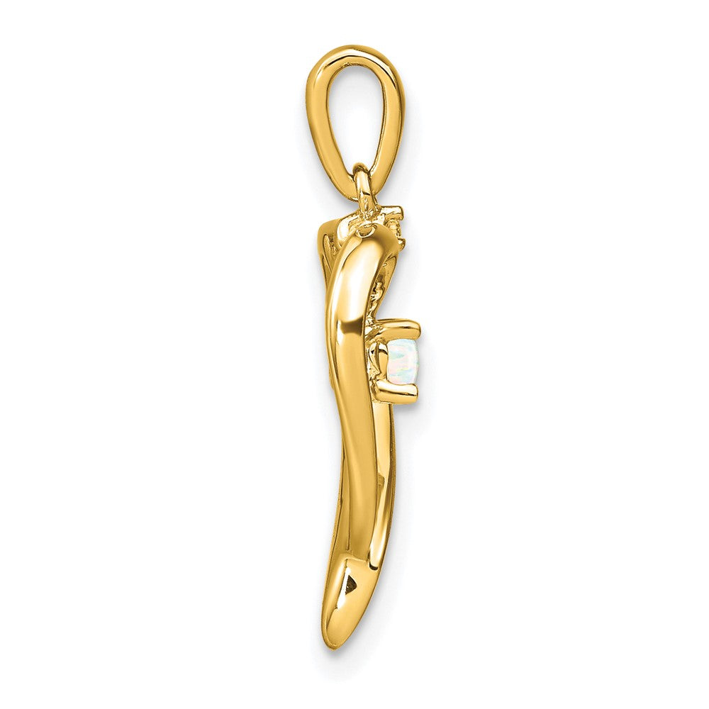 Solid 14k Yellow Gold Created Simulated Opal and CZ Heart Pendant