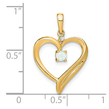 Solid 14k Yellow Gold Created Simulated Opal and CZ Heart Pendant