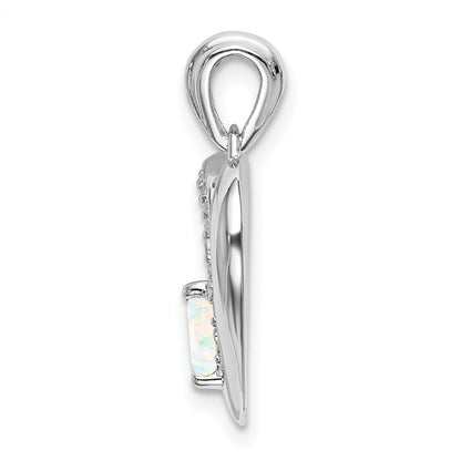 Solid 14k White Gold Created Simulated Opal and CZ Heart Pendant