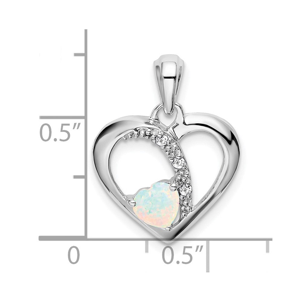 Solid 14k White Gold Created Simulated Opal and CZ Heart Pendant