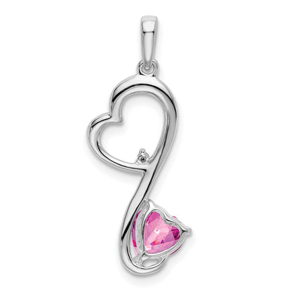 Solid 14k White Gold Created PinK Simulated Sapphire and CZ Heart Pendant