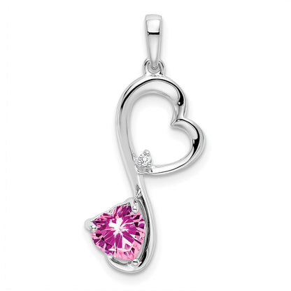 Solid 14k White Gold Created PinK Simulated Sapphire and CZ Heart Pendant