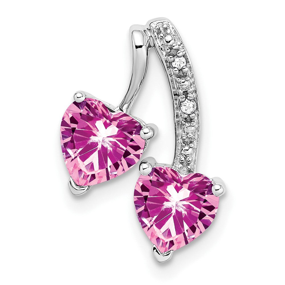 Solid 14k White Gold Created PinK Simulated Sapphire and CZ 2-Heart Pendant