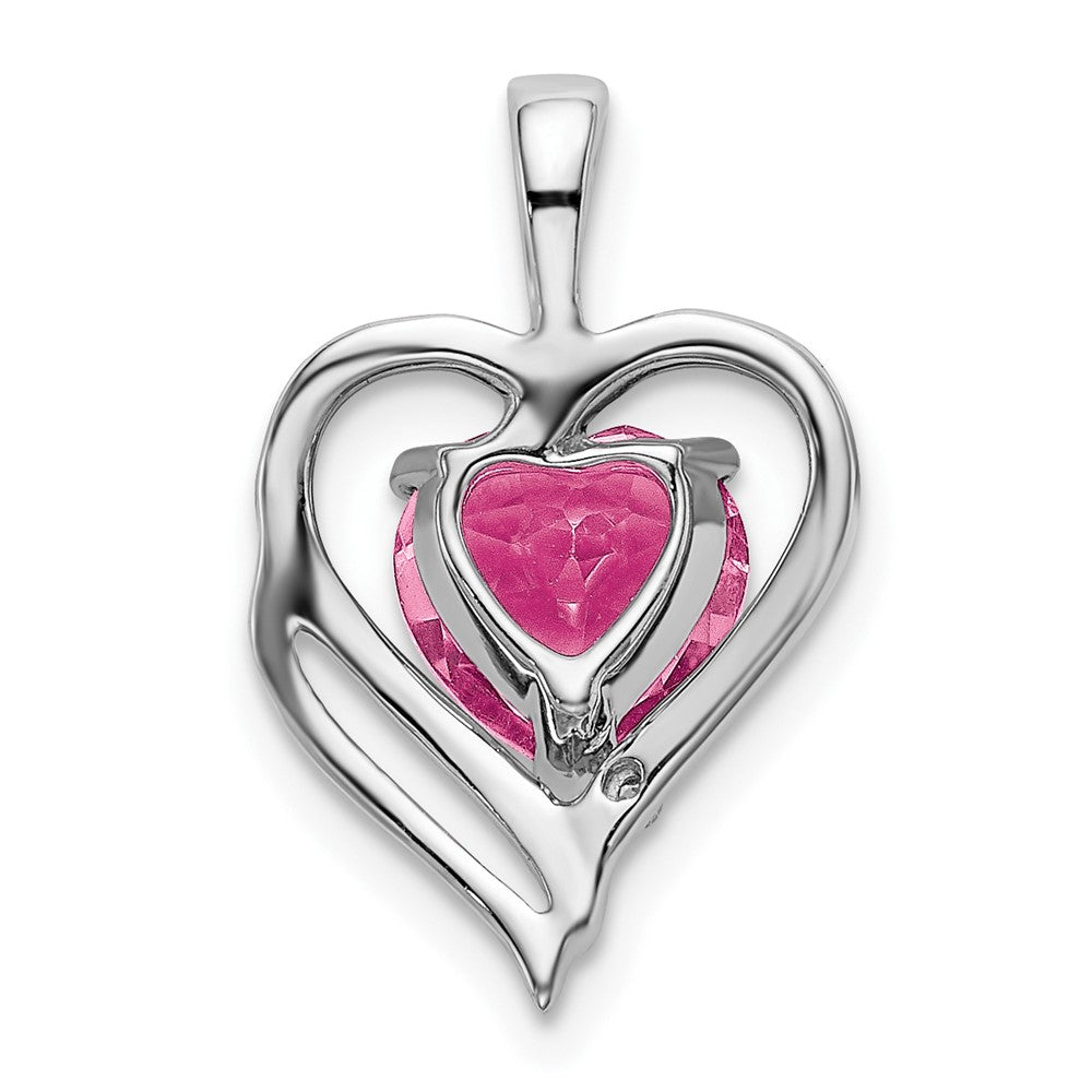 Solid 14k White Gold Created PinK Simulated Sapphire and CZ Heart Pendant