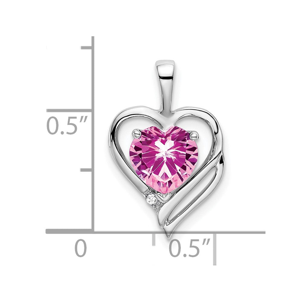 Solid 14k White Gold Created PinK Simulated Sapphire and CZ Heart Pendant
