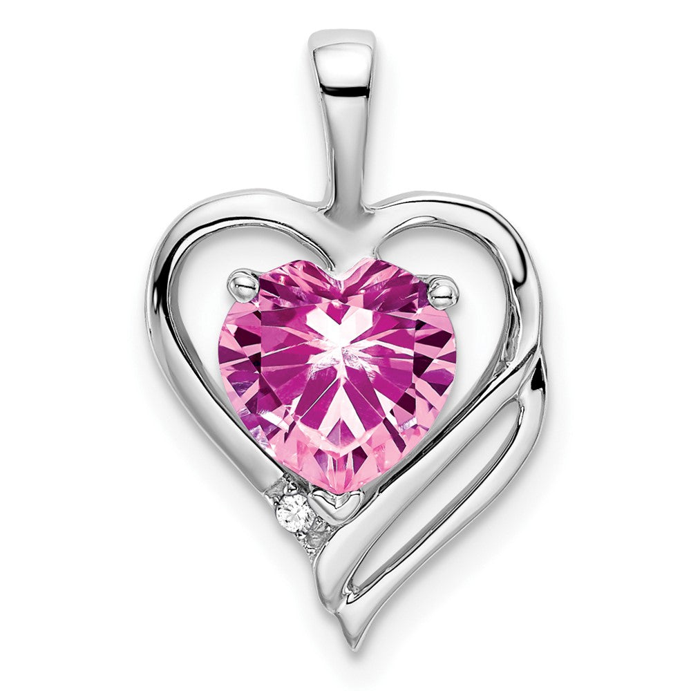 Solid 14k White Gold Created PinK Simulated Sapphire and CZ Heart Pendant