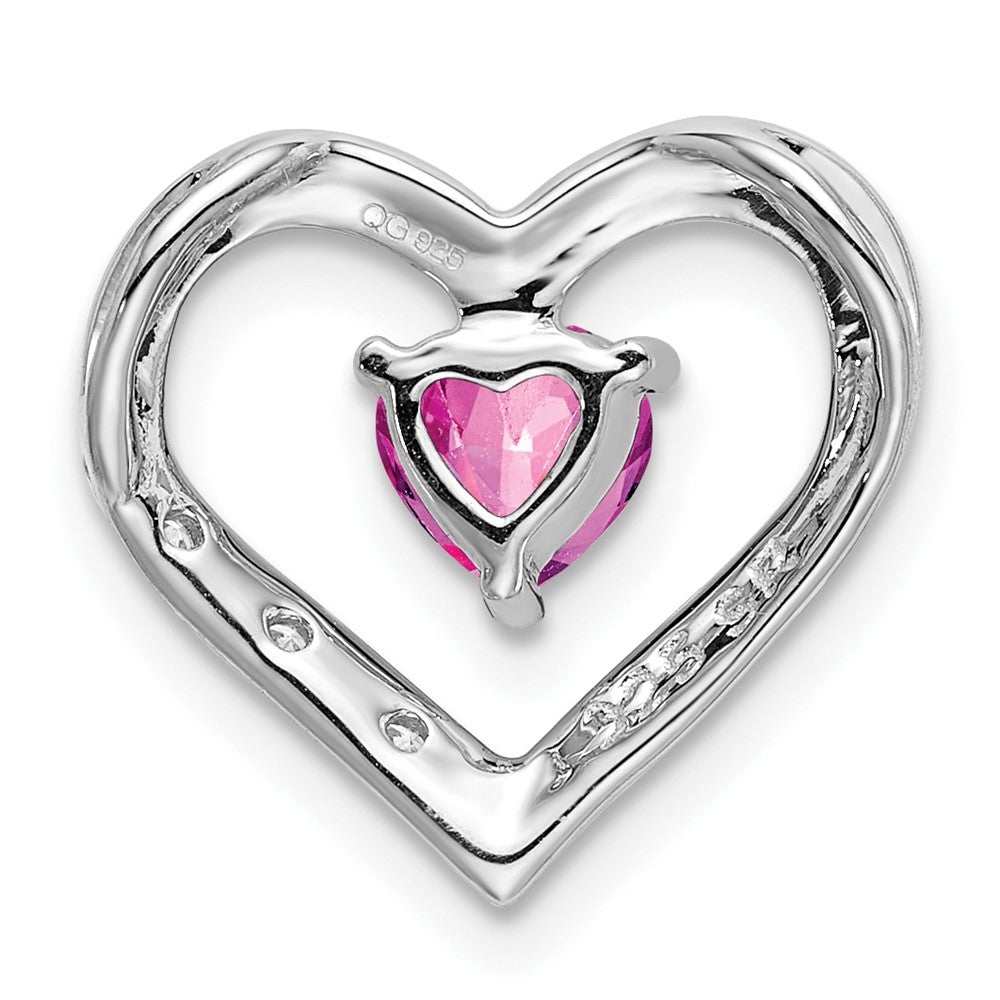 Solid 14k White Gold Created PinK Simulated Sapphire and CZ Heart Pendant