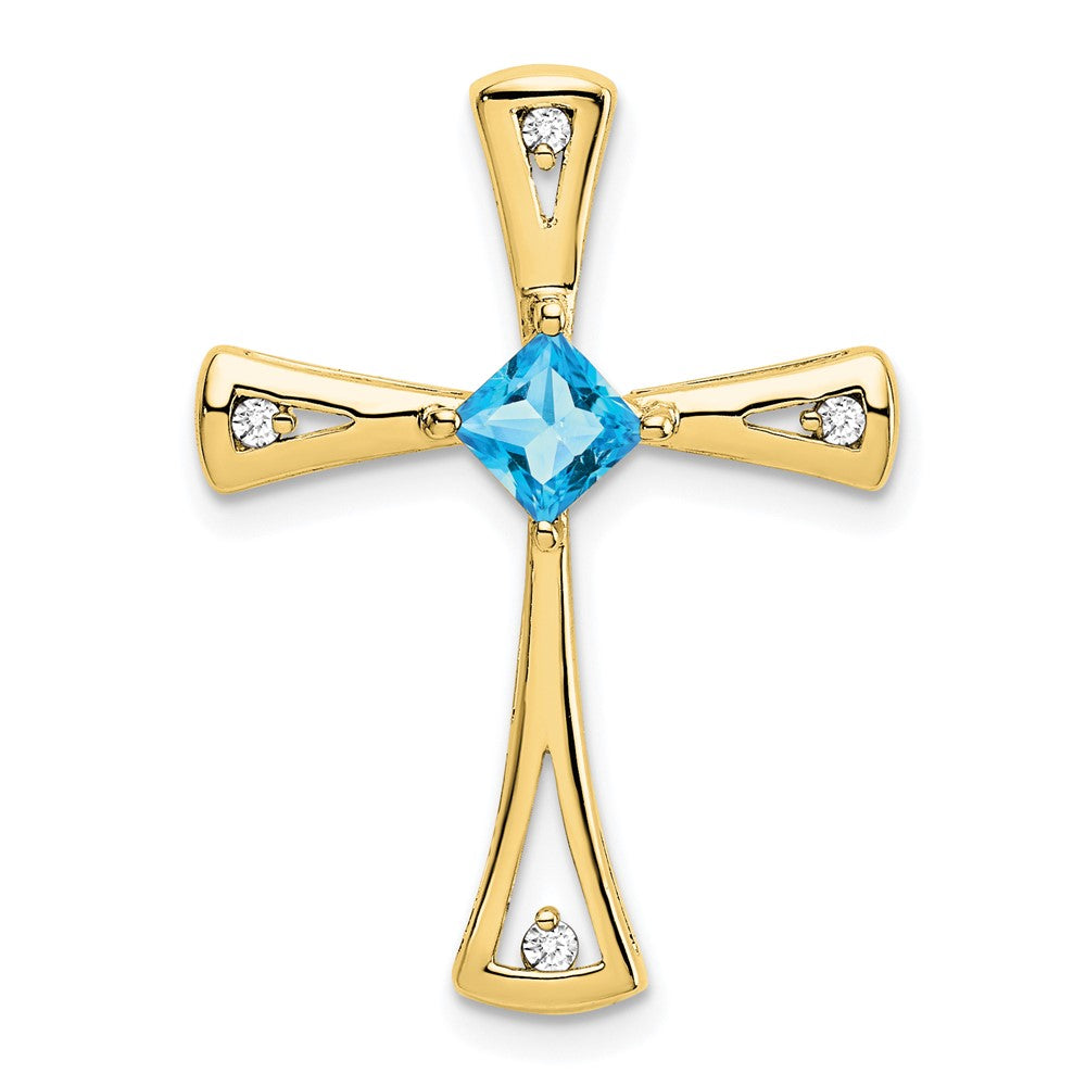 10k yellow gold blue topaz and real diamond cross pendant pm7031 bt 005 1ya