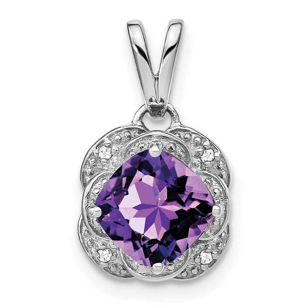 14k white gold cushion amethyst and real diamond pendant pm7037 am 002 wa