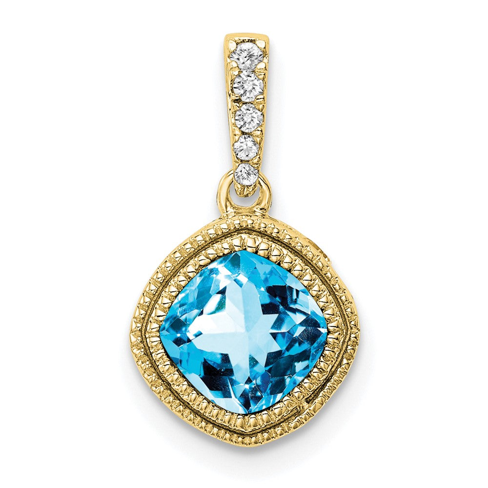 10k yellow gold cushion blue topaz and real diamond pendant pm7092 bt 021 1ya